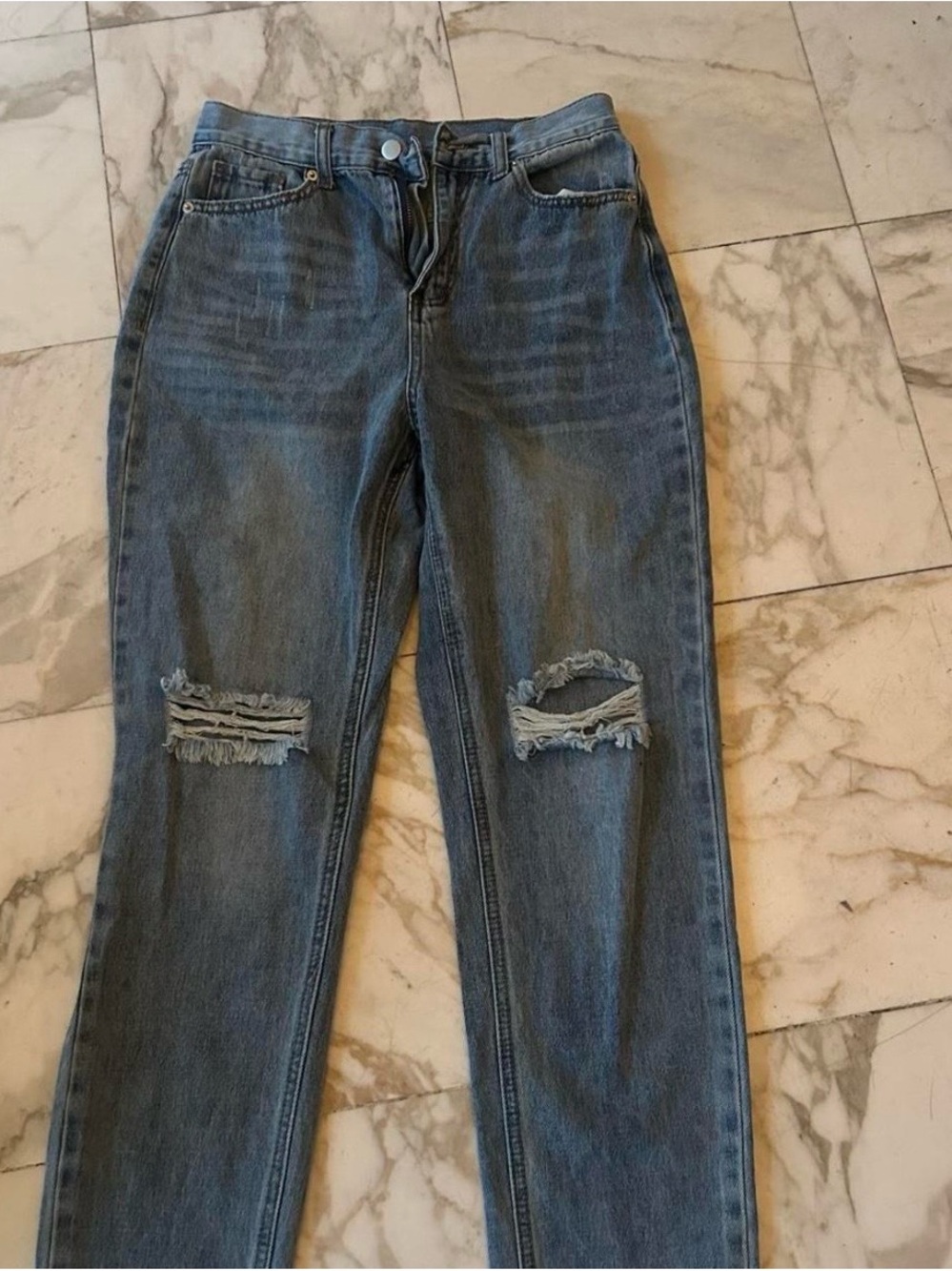 SHEIN Mid-Blue Straight Leg Distressed Jeans